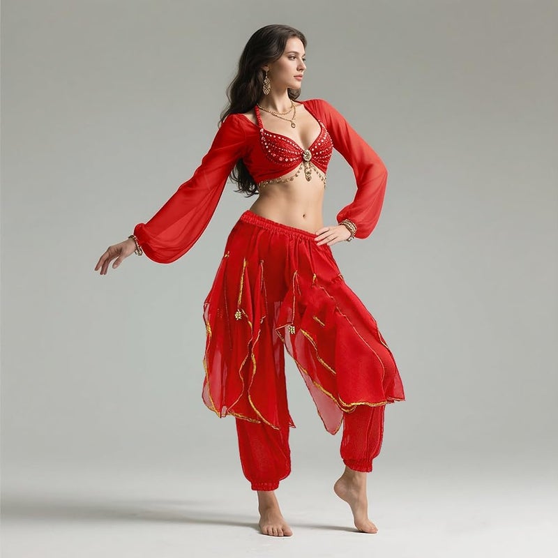 Rivoxi Women‘s Belly Dance Harem Pants with Golden Trim High Waist Stretchy Pants for Yoga Practice Stage Performance - Image 3